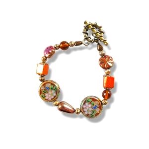Vintage Gold Tone Multicolor Cloisonne Floral Beaded Toggle Bracelet